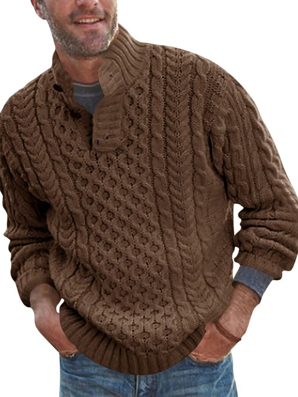 Mens Stand Collar Pullover Sweater Cable Knitted Chunky Sweaters